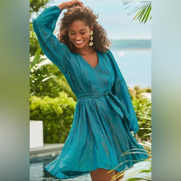 LILLY PULITZER KALIANNA DRESS *VALENCIA TEAL* METALLIC STRIPE | Long Sleeve | XS - Picture 1 of 4
